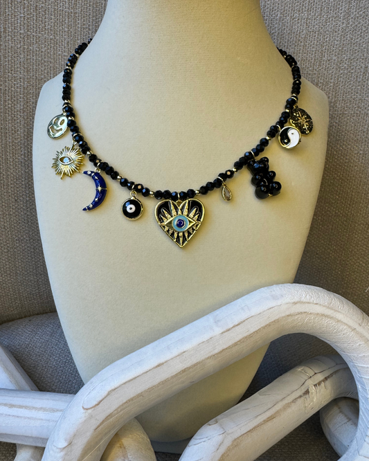 Black Crystal Multi Charms Necklace